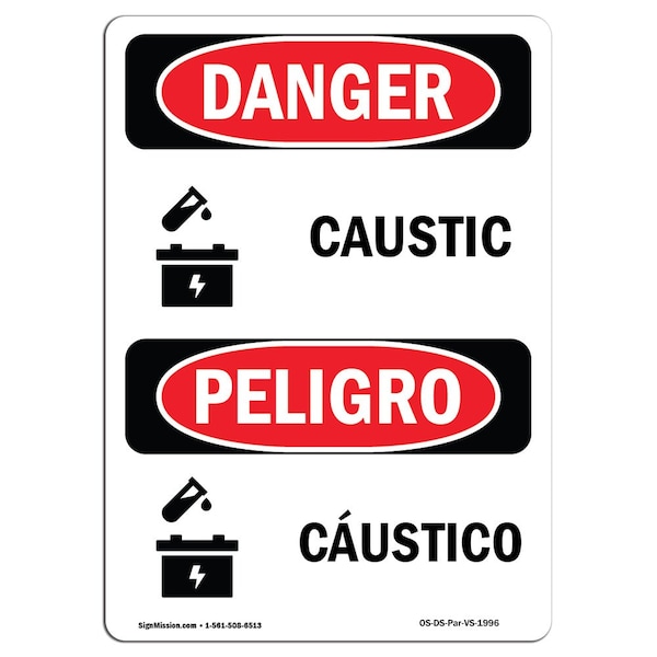 Safety Sign, OSHA Danger, 5" Height, Caustico, Bilingual Spanish, 10PK